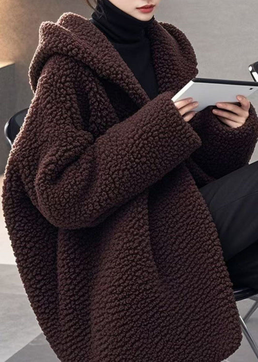 Women Loose Brown Hooded Faux Fur Coat Winter