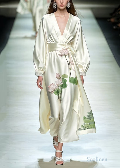 Women Milk White Tunic Lotus Flower Print Silk Dresses Spring