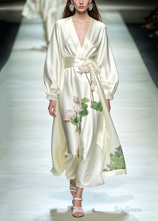 Women Milk White Tunic Lotus Flower Print Silk Dresses Spring