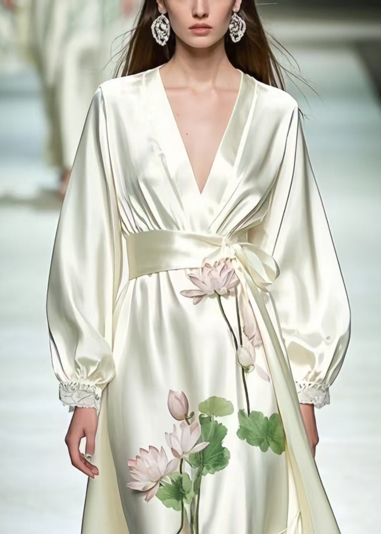 Women Milk White Tunic Lotus Flower Print Silk Dresses Spring