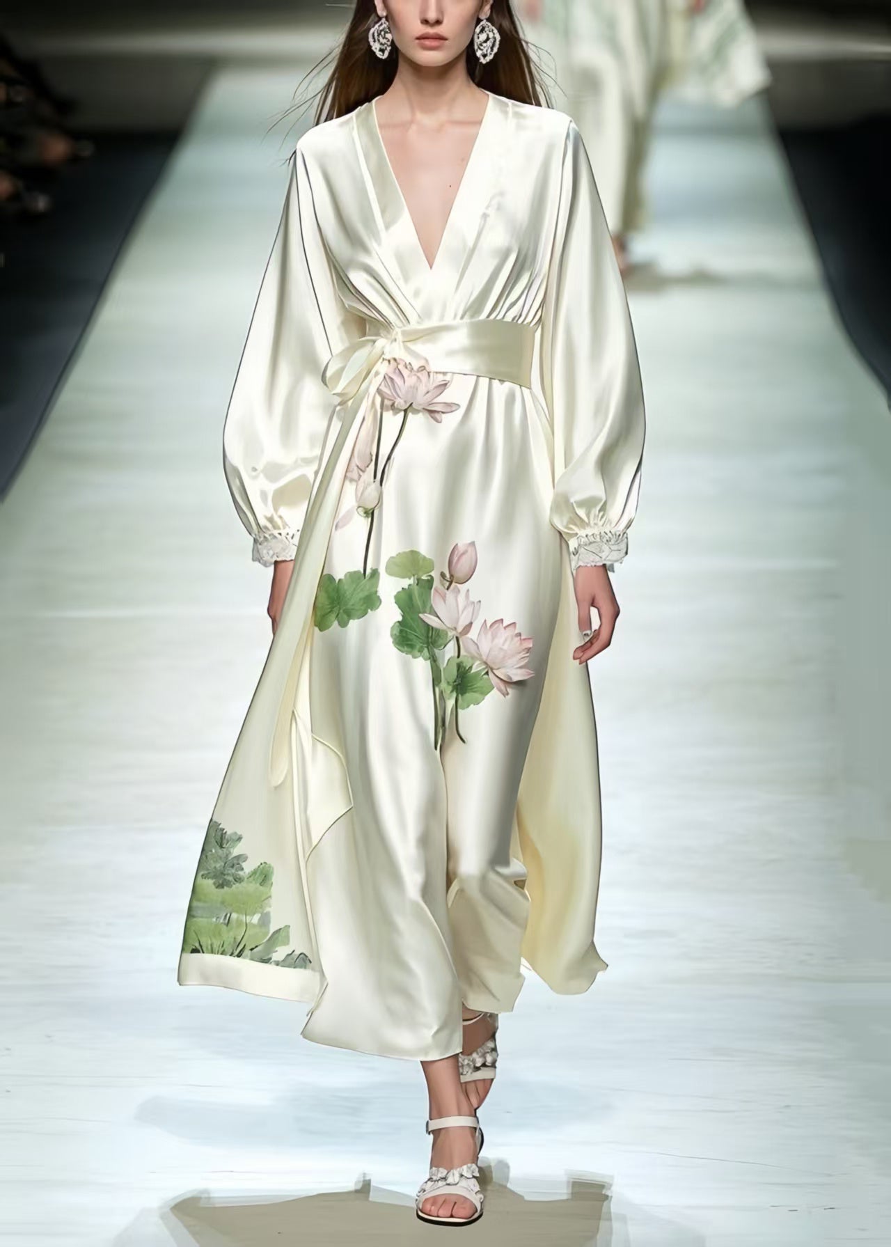 Women Milk White Tunic Lotus Flower Print Silk Dresses Spring