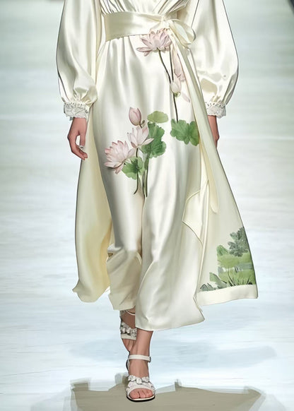 Women Milk White Tunic Lotus Flower Print Silk Dresses Spring