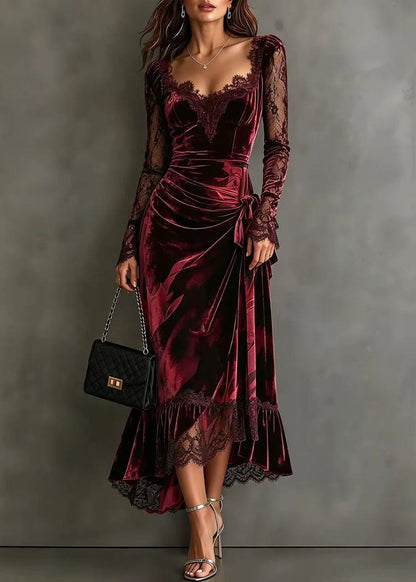 Women Mulberry Asymmetrical Tie Waist Patchwork Lace Maxi Dress Fall