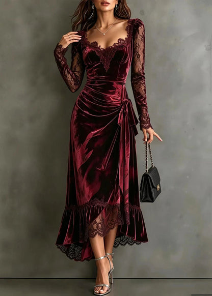 Women Mulberry Asymmetrical Tie Waist Patchwork Lace Maxi Dress Fall