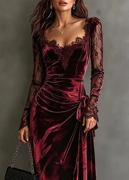Women Mulberry Asymmetrical Tie Waist Patchwork Lace Maxi Dress Fall