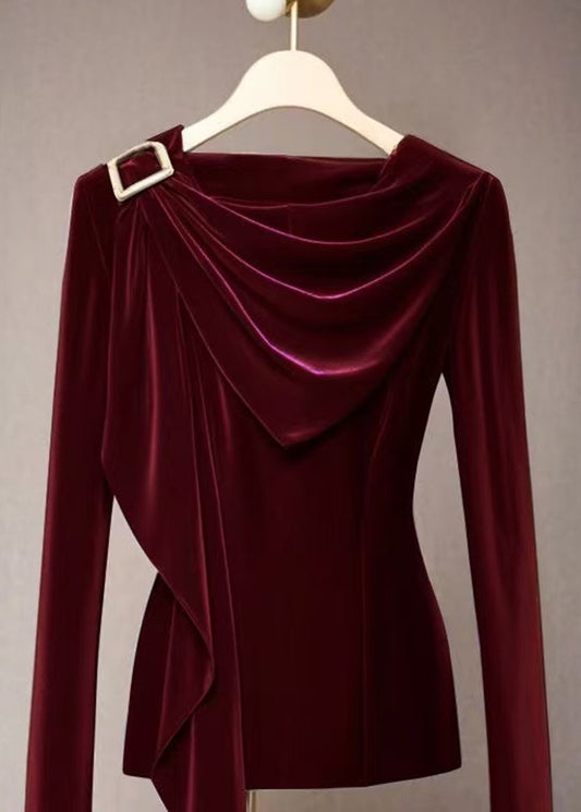 Women Mulberry Cowl Neck Draped Velvet Top Fall