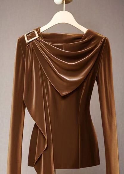 Women Mulberry Cowl Neck Draped Velvet Top Fall