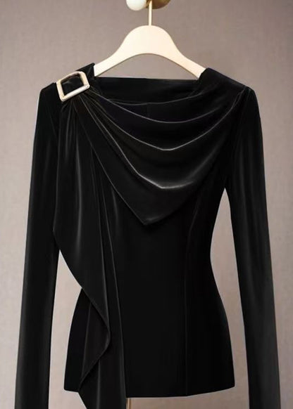 Women Mulberry Cowl Neck Draped Velvet Top Fall