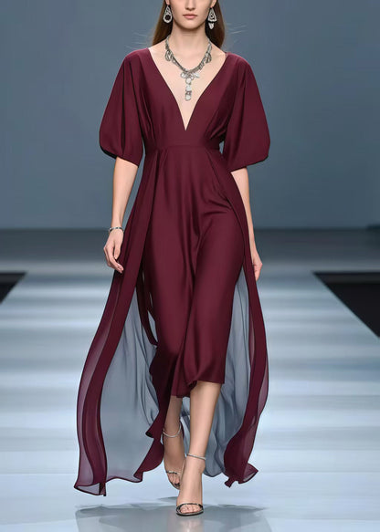 Women Mulberry Deep-V Neck Exra Large Hem Chiffon Vacation Dresses Summer