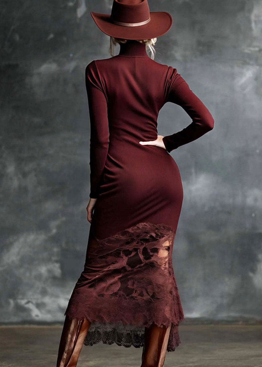 Women Mulberry High Neck Patchwork Lace Knit Dress Winter