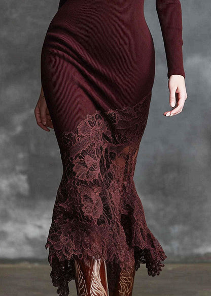 Women Mulberry High Neck Patchwork Lace Knit Dress Winter