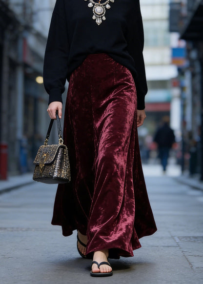 Women Mulberry High Waist Exra Large Hem Velvet Skirt Spring