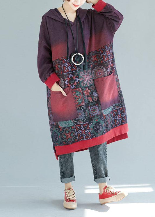 Women Mulberry Hooded Pockets Patchwork Print Fall Sweatshirts Dress - SooLinen