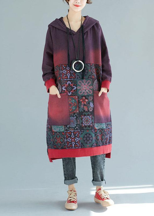 Women Mulberry Hooded Pockets Patchwork Print Fall Sweatshirts Dress - SooLinen
