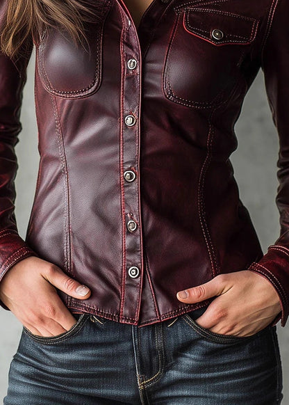 Women Mulberry Peter Pan Collar Patchwork Faux Leather Shirt Tops Fall