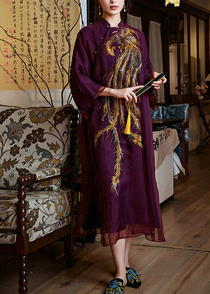 Women Mulberry Phoenix Embroidered Silk Dress Summer