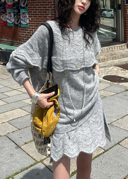 Women Mulberry Ruffled Hollow Out Knit Sweater Winter