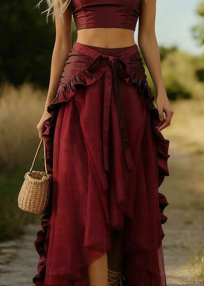 Women Mulberry Ruffled Patchwork Tulle Skirts Spring
