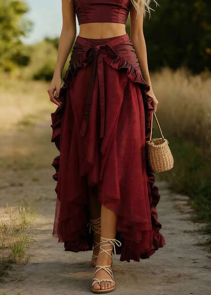 Women Mulberry Ruffled Patchwork Tulle Skirts Spring