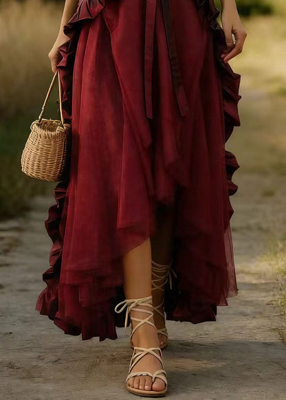 Women Mulberry Ruffled Patchwork Tulle Skirts Spring