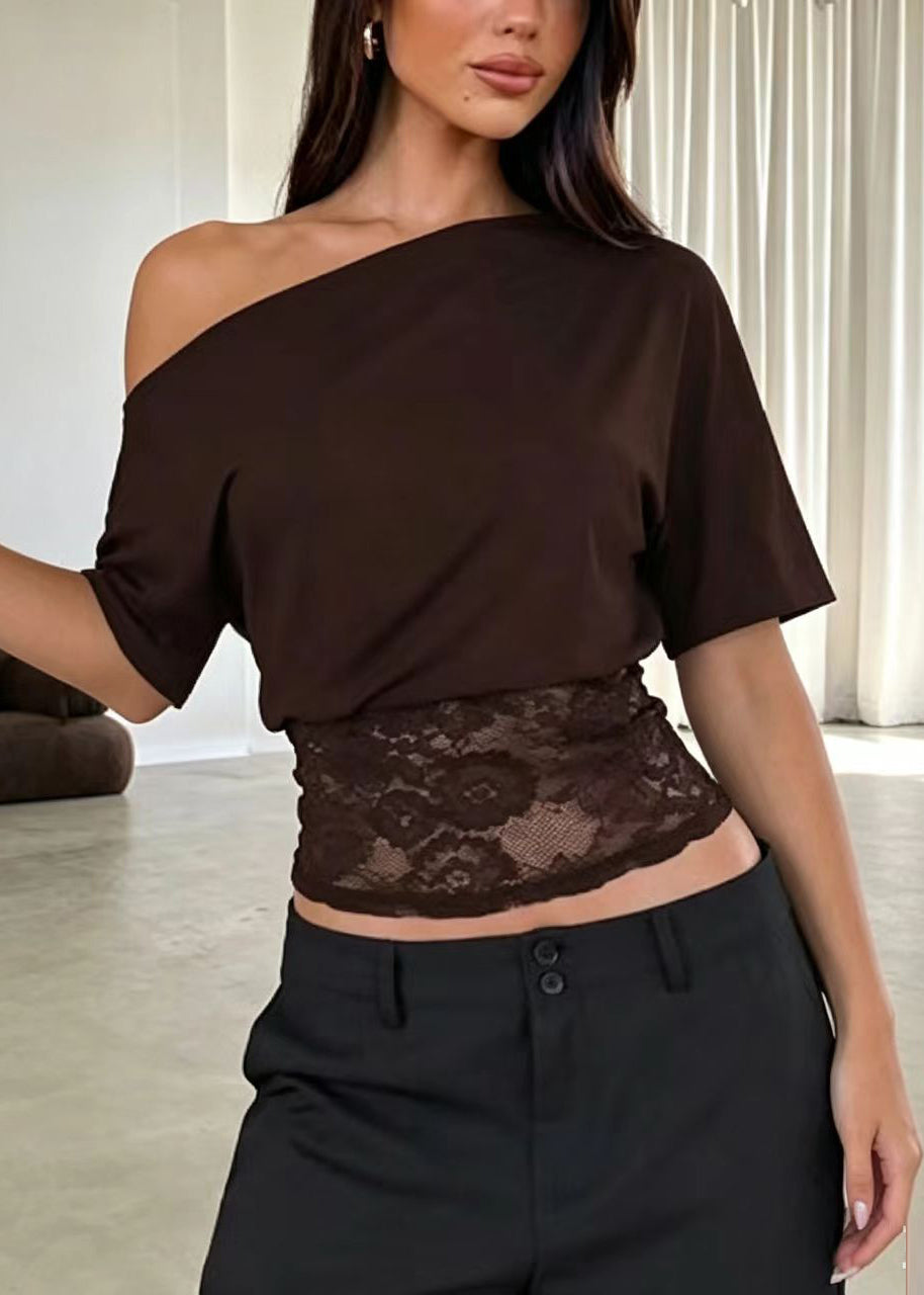 Women Mulberry Turtle Neck Patchwork Lace Tanks Summer