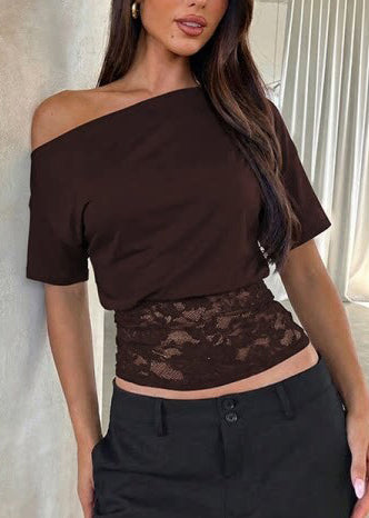Women Mulberry Turtle Neck Patchwork Lace Tanks Summer