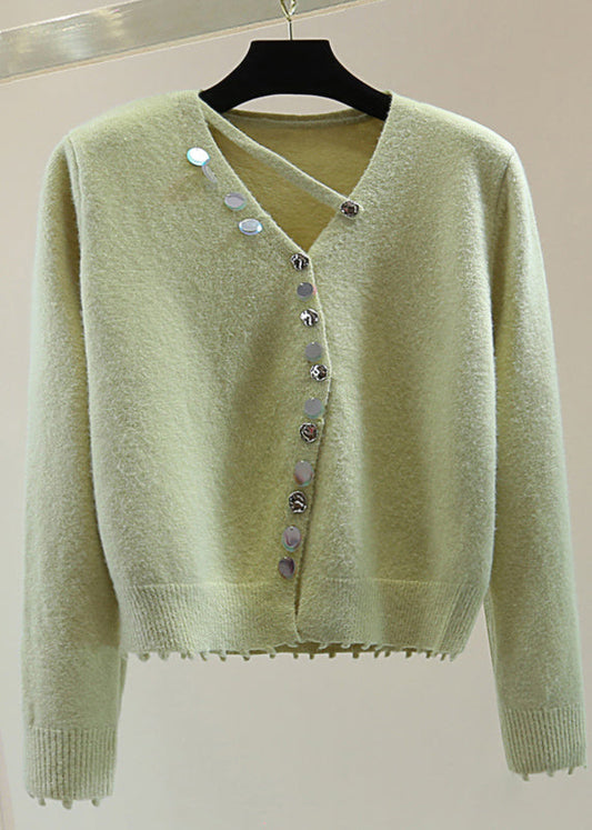 Women Mulberry V Neck Asymmetrical Sequins Cotton Knit Sweaters Winter