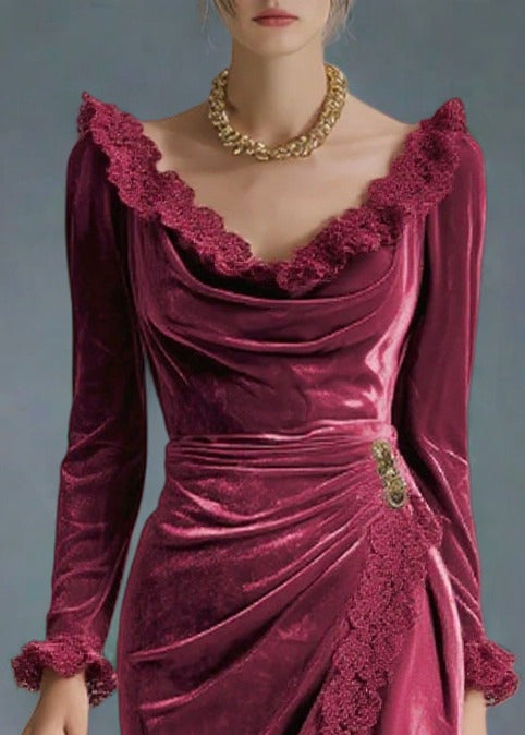 Women Mulberry V Neck Lace Patchwork Silk Velvet Party Dress Spring