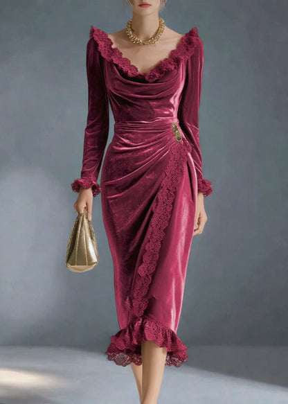 Women Mulberry V Neck Lace Patchwork Silk Velvet Party Dress Spring