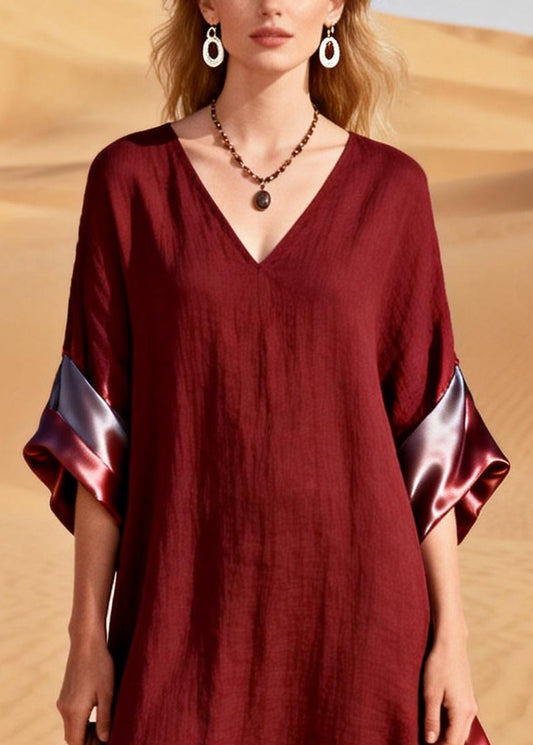 Women Mulberry V Neck Patchwork Cotton Long Dresses Summer