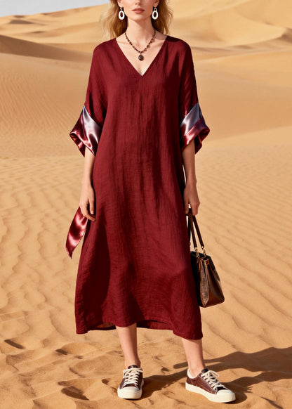 Women Mulberry V Neck Patchwork Cotton Long Dresses Summer
