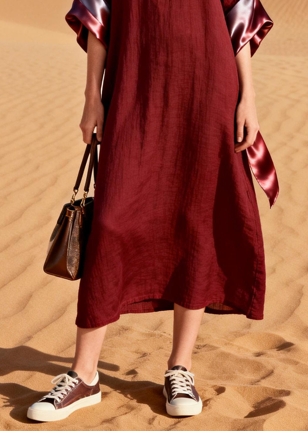 Women Mulberry V Neck Patchwork Cotton Long Dresses Summer