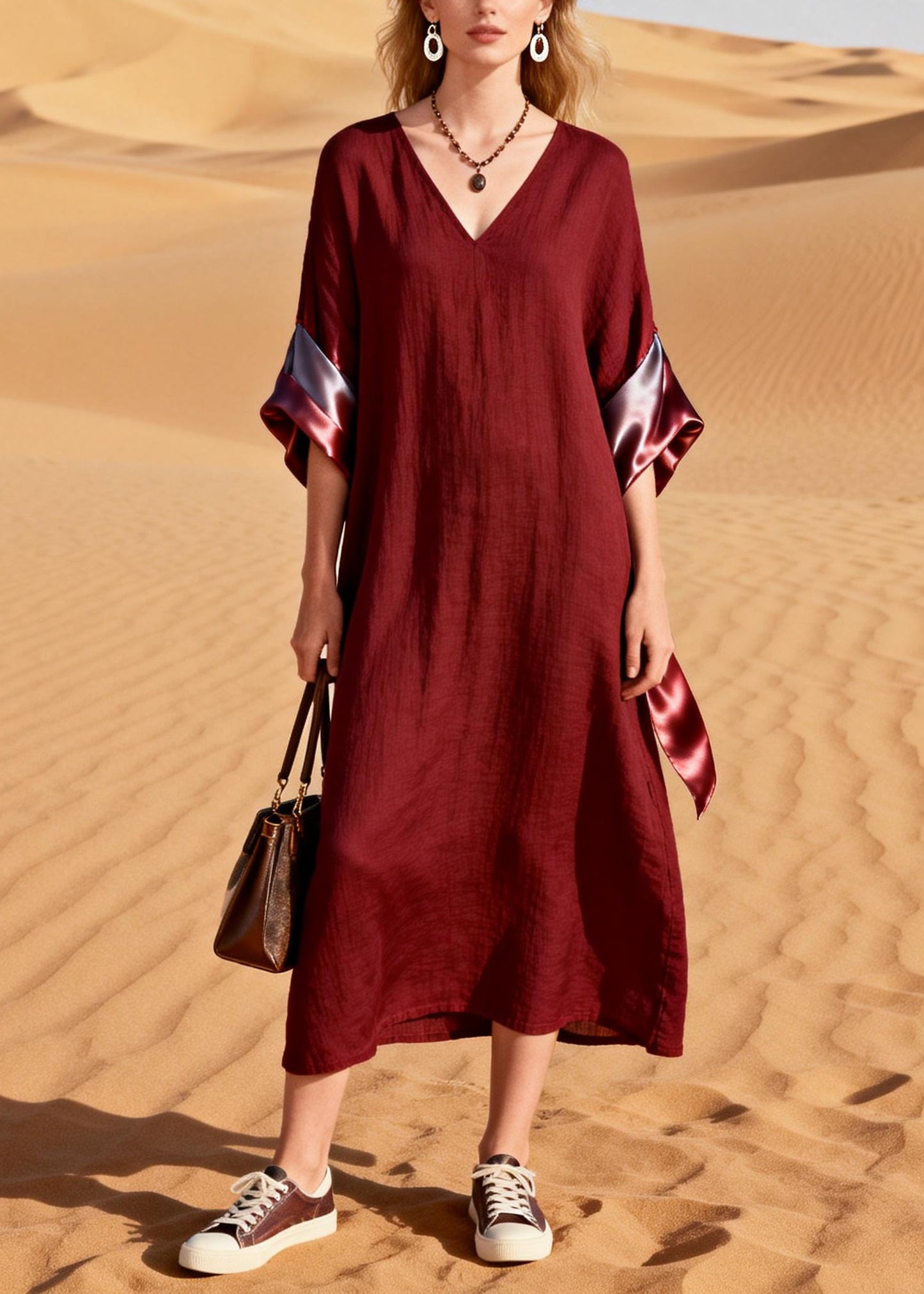 Women Mulberry V Neck Patchwork Cotton Long Dresses Summer