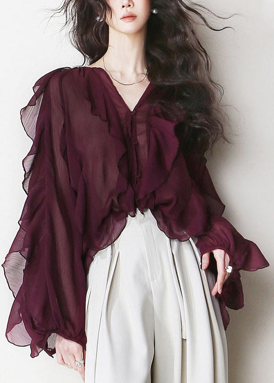 Women Mulberry V Neck Ruffled Patchwork Chiffon Blouses Summer