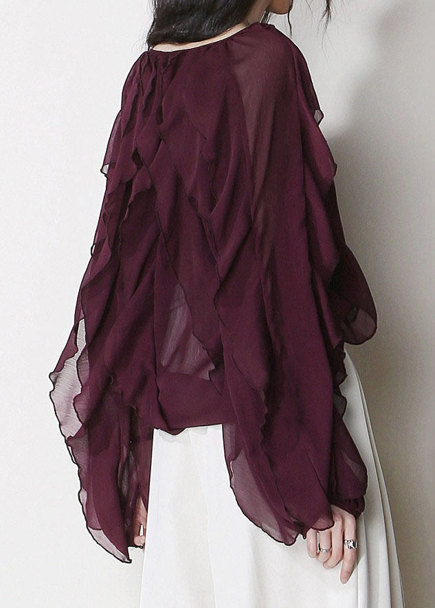 Women Mulberry V Neck Ruffled Patchwork Chiffon Blouses Summer