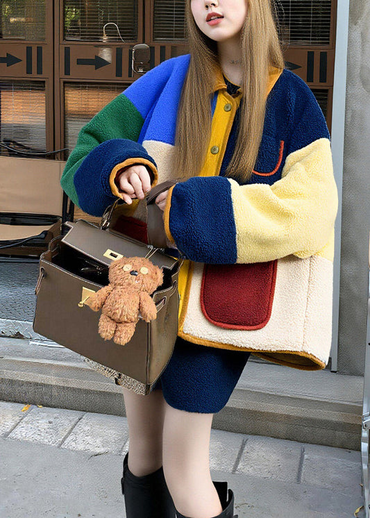 Women Multicolored Oversized Patchwork Fuzzy Fur Fluffy Jacket Winter