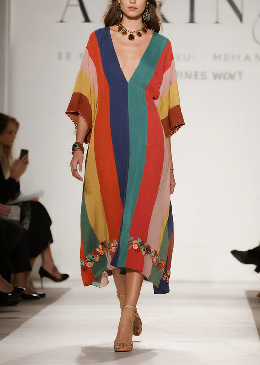 Women Multicolored Striped Flower Decorated Cotton Dresses Summer