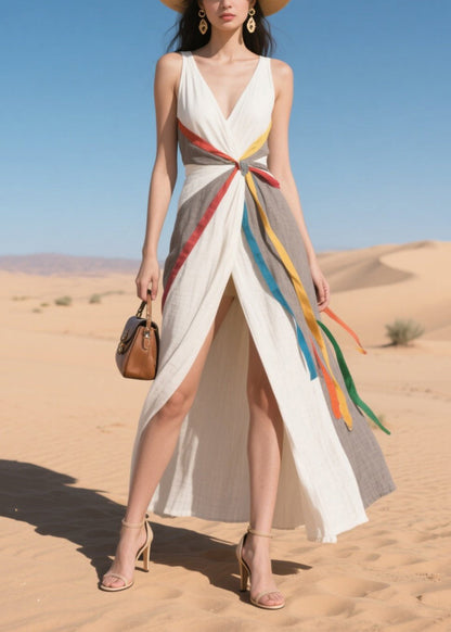Women Multicolour Ribbon Patchwork Side Open Cotton Sundress Summer