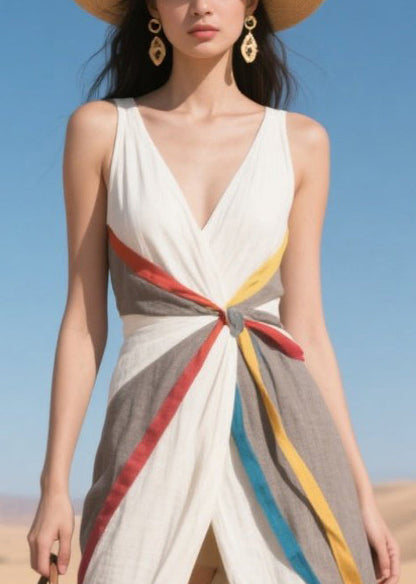 Women Multicolour Ribbon Patchwork Side Open Cotton Sundress Summer