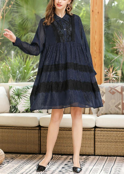 Women Navy Button Chiffon Patchwork Summer Dress - SooLinen