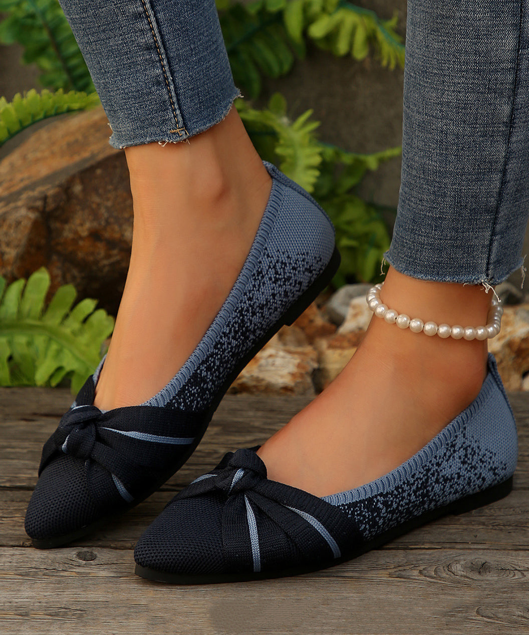 Women Navy Cotton Fabric Bow Splicing Flat Shoes Pointed Toe