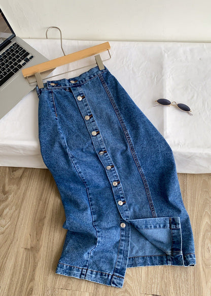 Women Navy High Waist Button Down Denim Skirts Summer