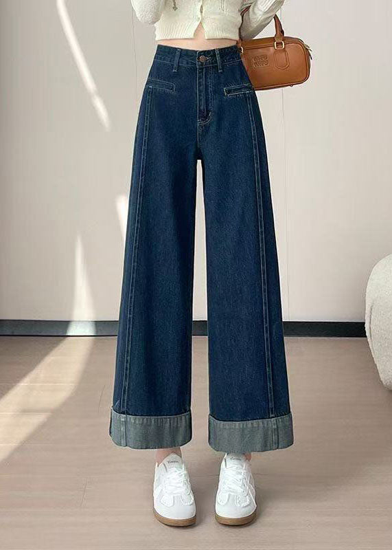 Women Navy High Waist Patchwork Denim Straight Pants Fall