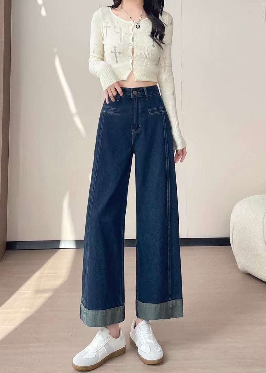 Women Navy High Waist Patchwork Denim Straight Pants Fall