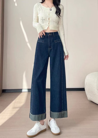 Women Navy High Waist Patchwork Denim Straight Pants Fall
