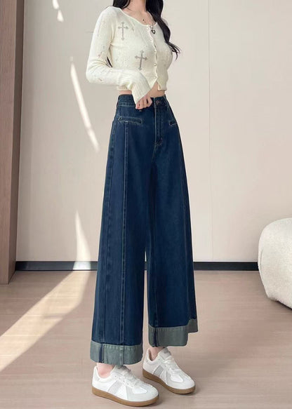Women Navy High Waist Patchwork Denim Straight Pants Fall