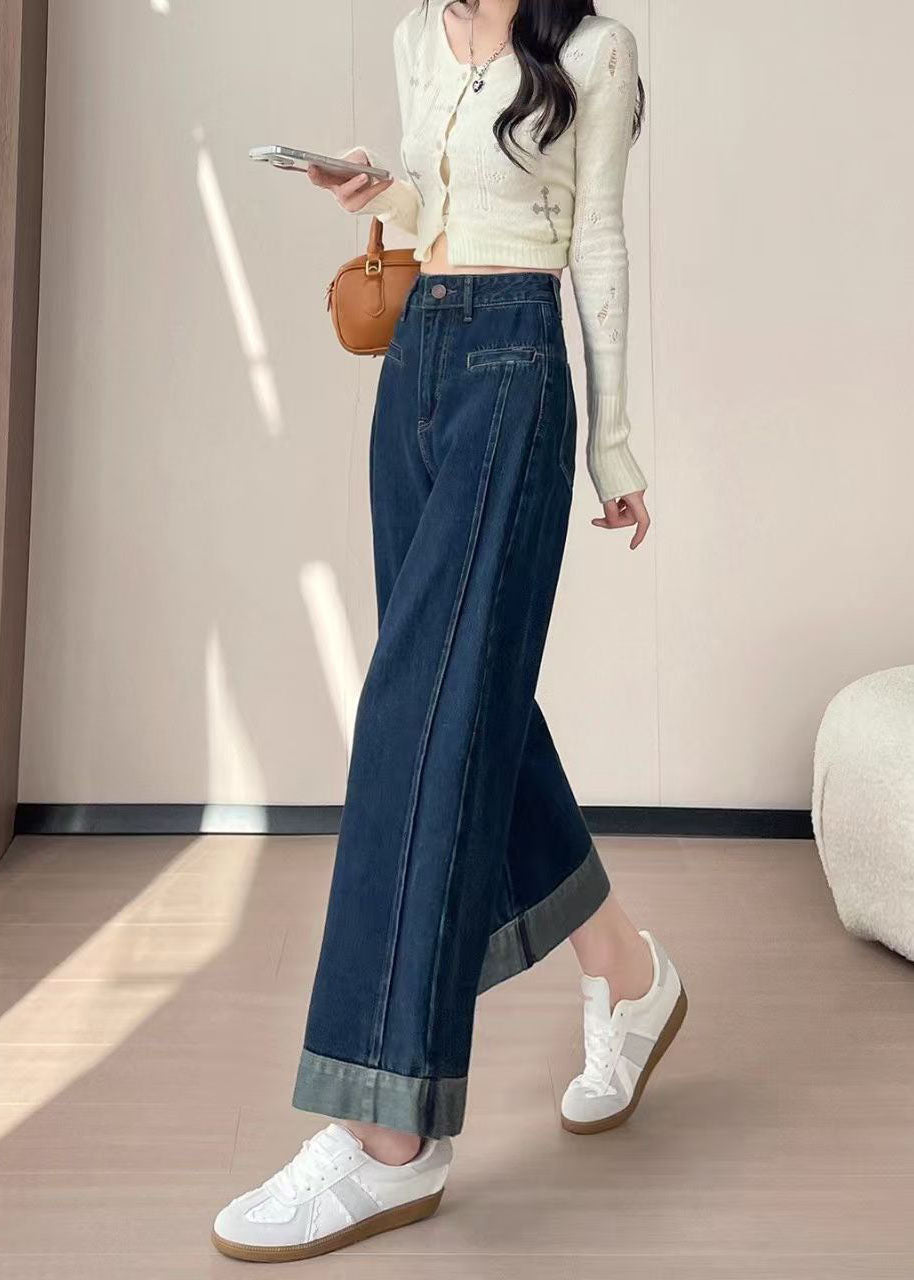 Women Navy High Waist Patchwork Denim Straight Pants Fall