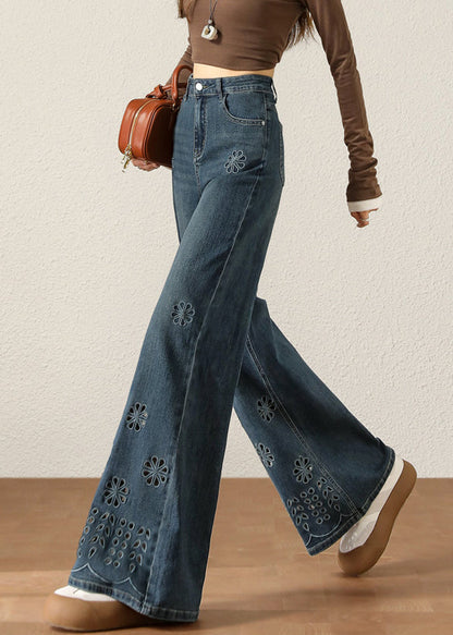 Women Navy Hollow Out Flower Denim Pants Spring