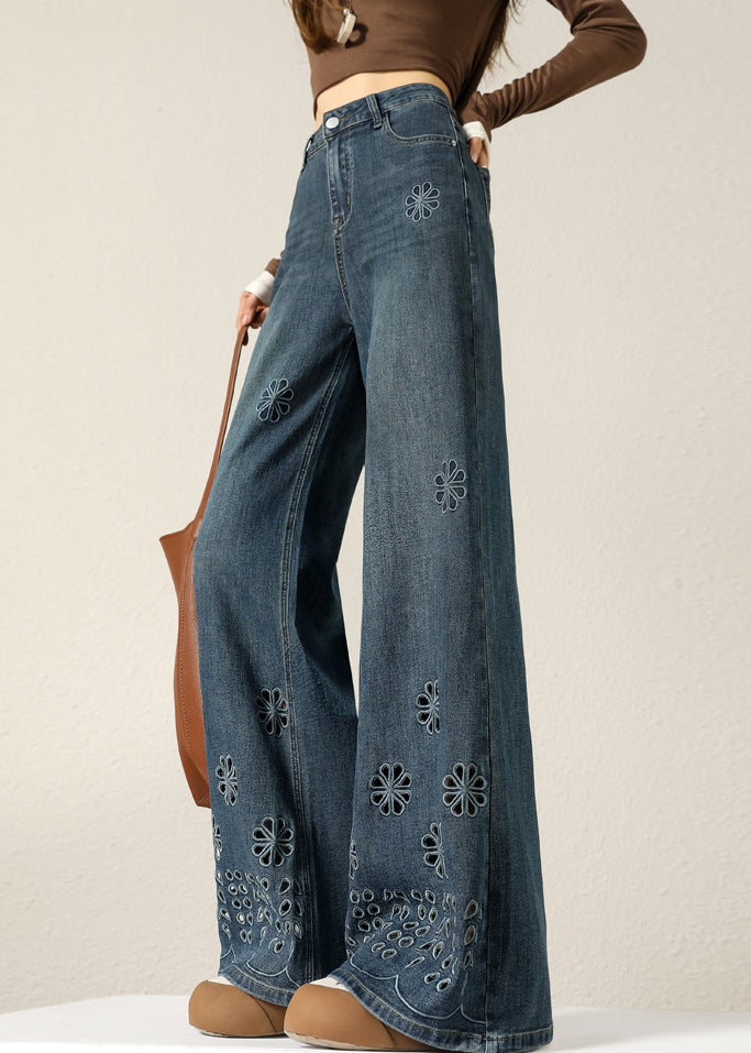 Women Navy Hollow Out Flower Denim Pants Spring
