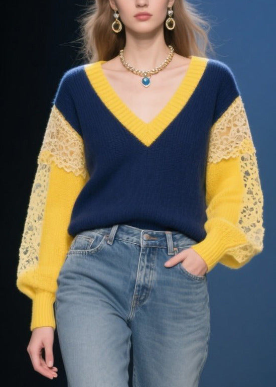 Women Navy Hollow Out Patchwork Lace Short Sweater Fall